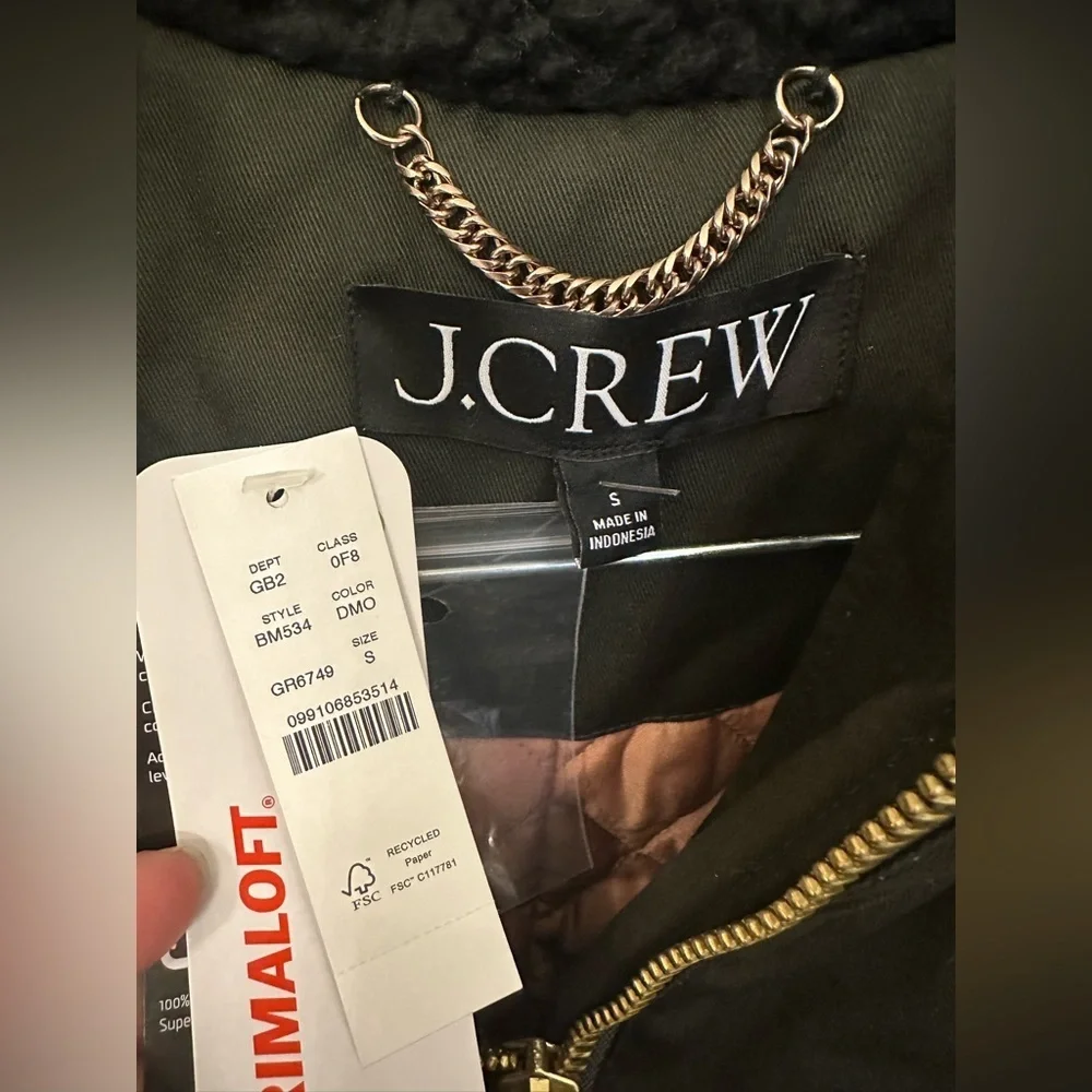 NEW! J.Crew $398 Olive Perfect Winter Parka Jacket Eco-Friendly PrimaLoft Size S